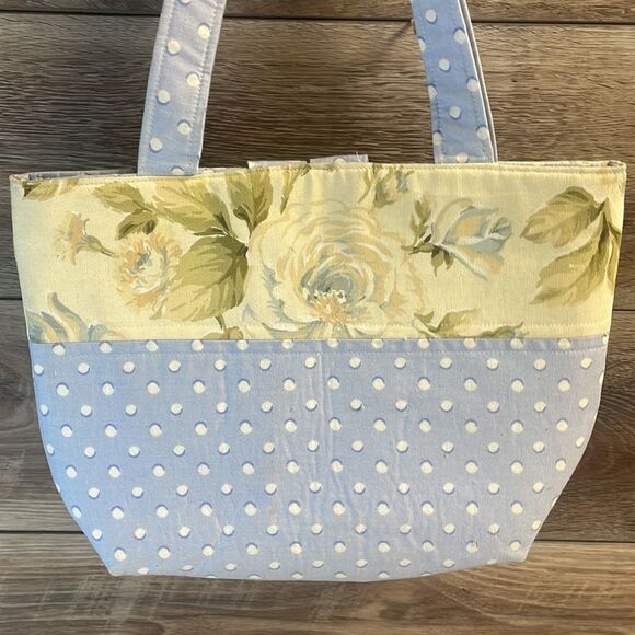 Handmade Polka Dot Floral Durable Tote Purse Large Button Closure Lunch Beach - Picture 5 of 6